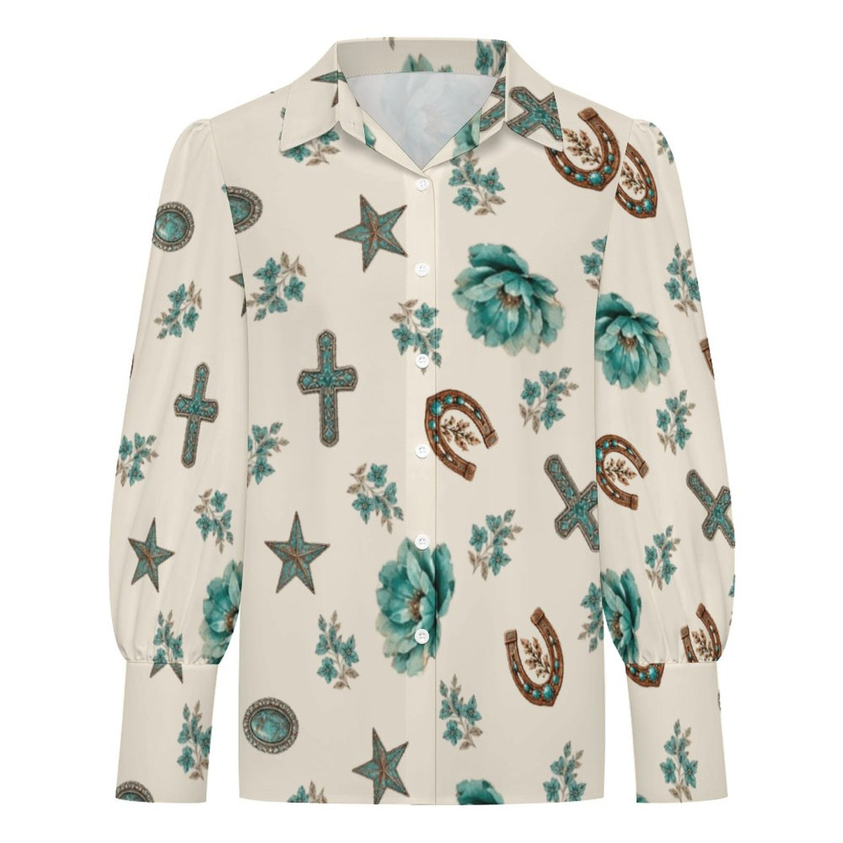 Women's Satin Lantern Sleeve Long Sleeve Blouse(All-Over Printing)