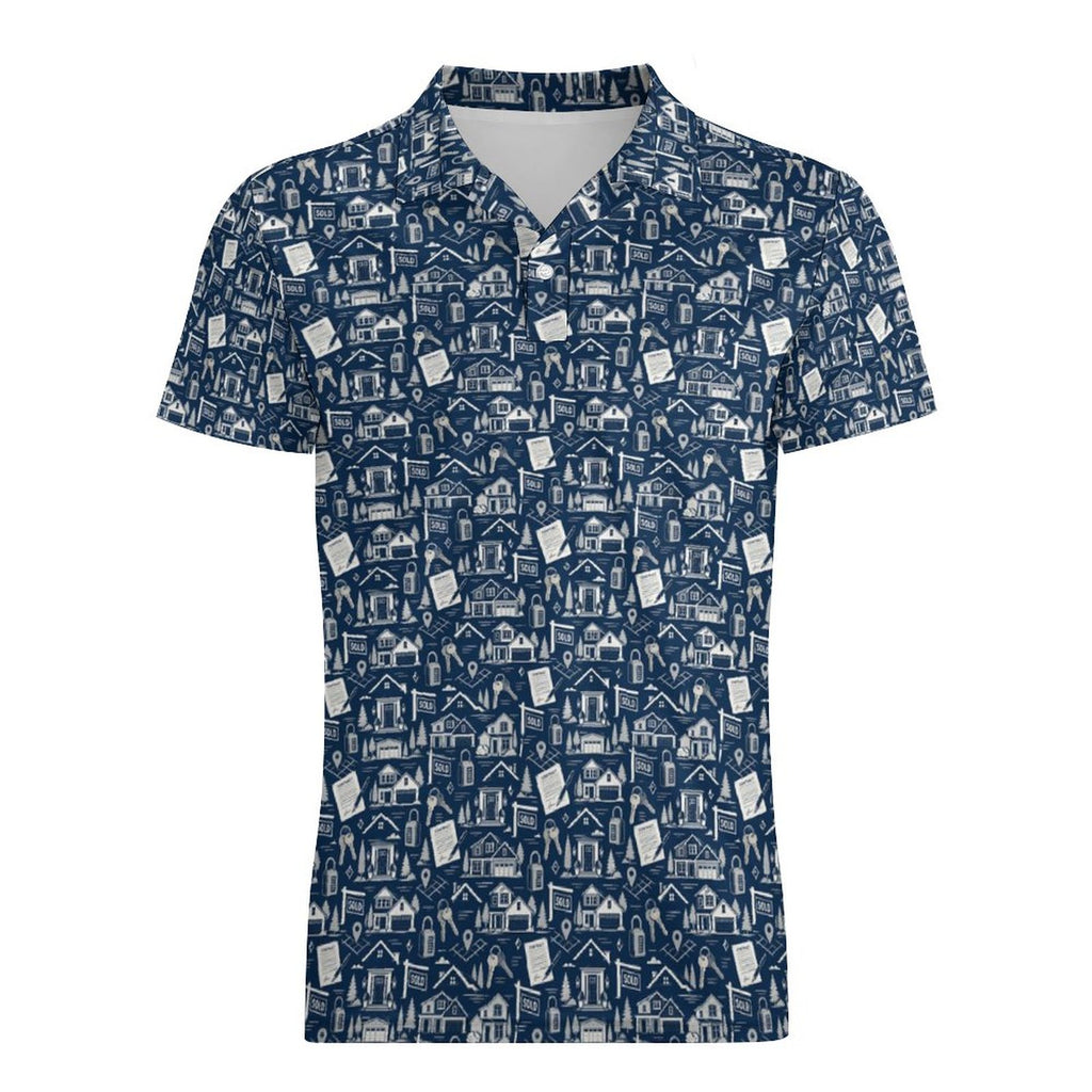 Mens Realtor Polo UPF50+ 180gsm Cooling Polyester Men's POLO T-shirt(All-Over Printing) Stand out at showings, open houses and closings in this iconic golf polo featuring a bold real estate pattern.