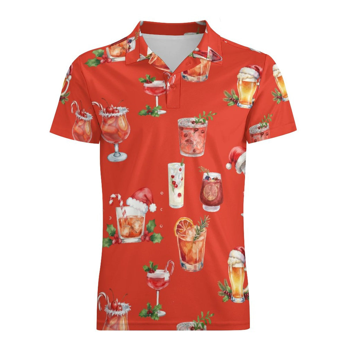 Men's Christmas Cocktails Cotton POLO Shirts Short Sleeve for Men( Red)