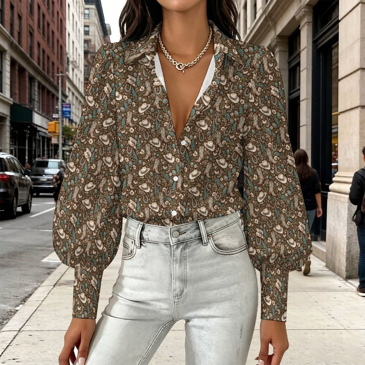 Women's Elegant Western Blouse Satin Lantern Sleeve Long Sleeve Blouse(All-Over Printing)