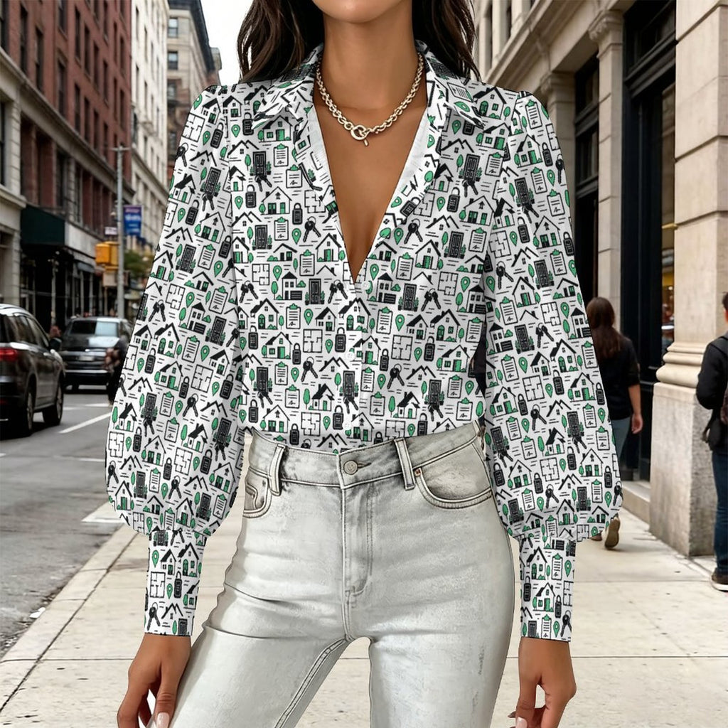 Women's Realtor  Satin Lantern Sleeve Long Sleeve Blouse( Stand out at showings, open houses and closings in this iconic golf polo featuring a bold real estate pattern.