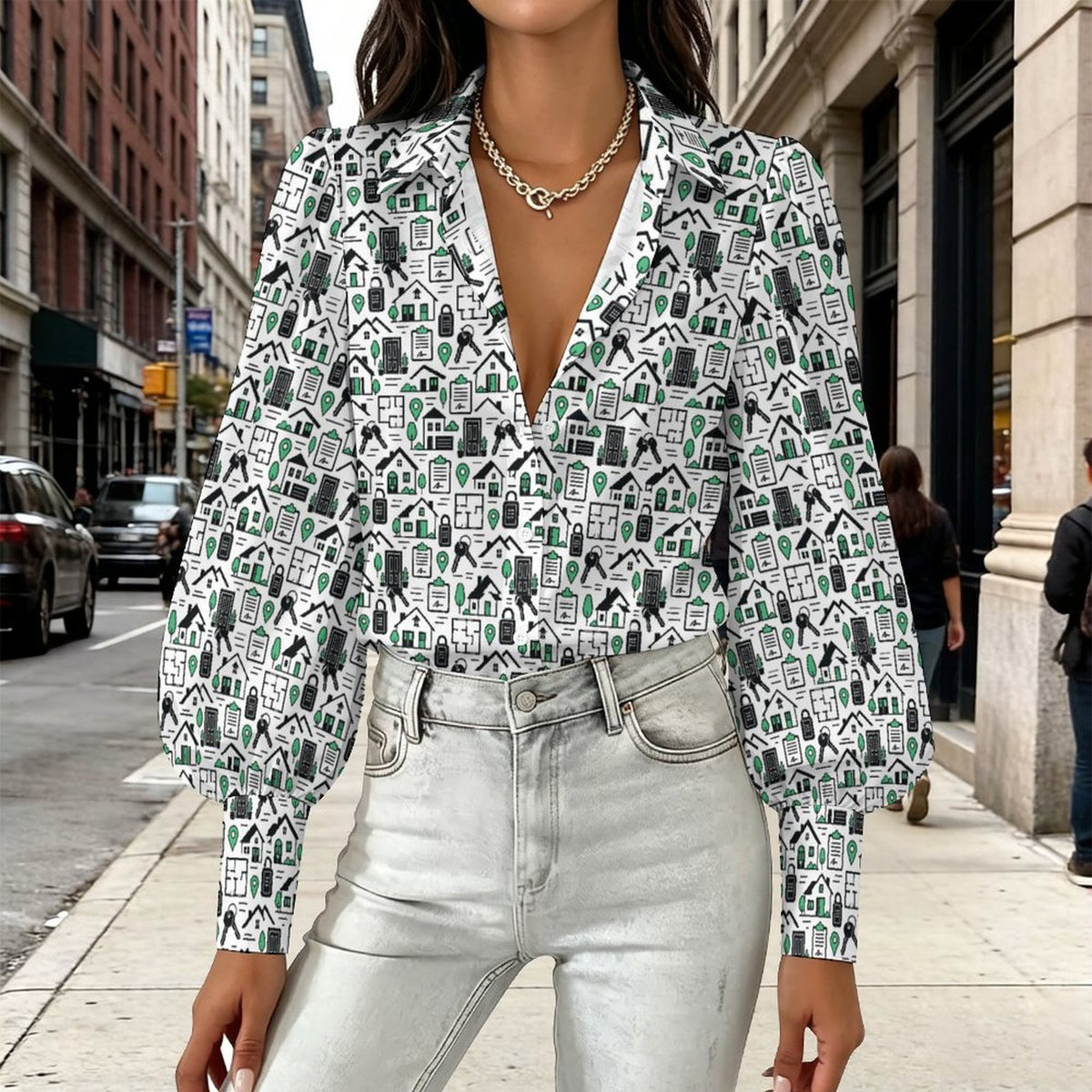 Women's Realtor  Satin Lantern Sleeve Long Sleeve Blouse( Stand out at showings, open houses and closings in this iconic golf polo featuring a bold real estate pattern.
