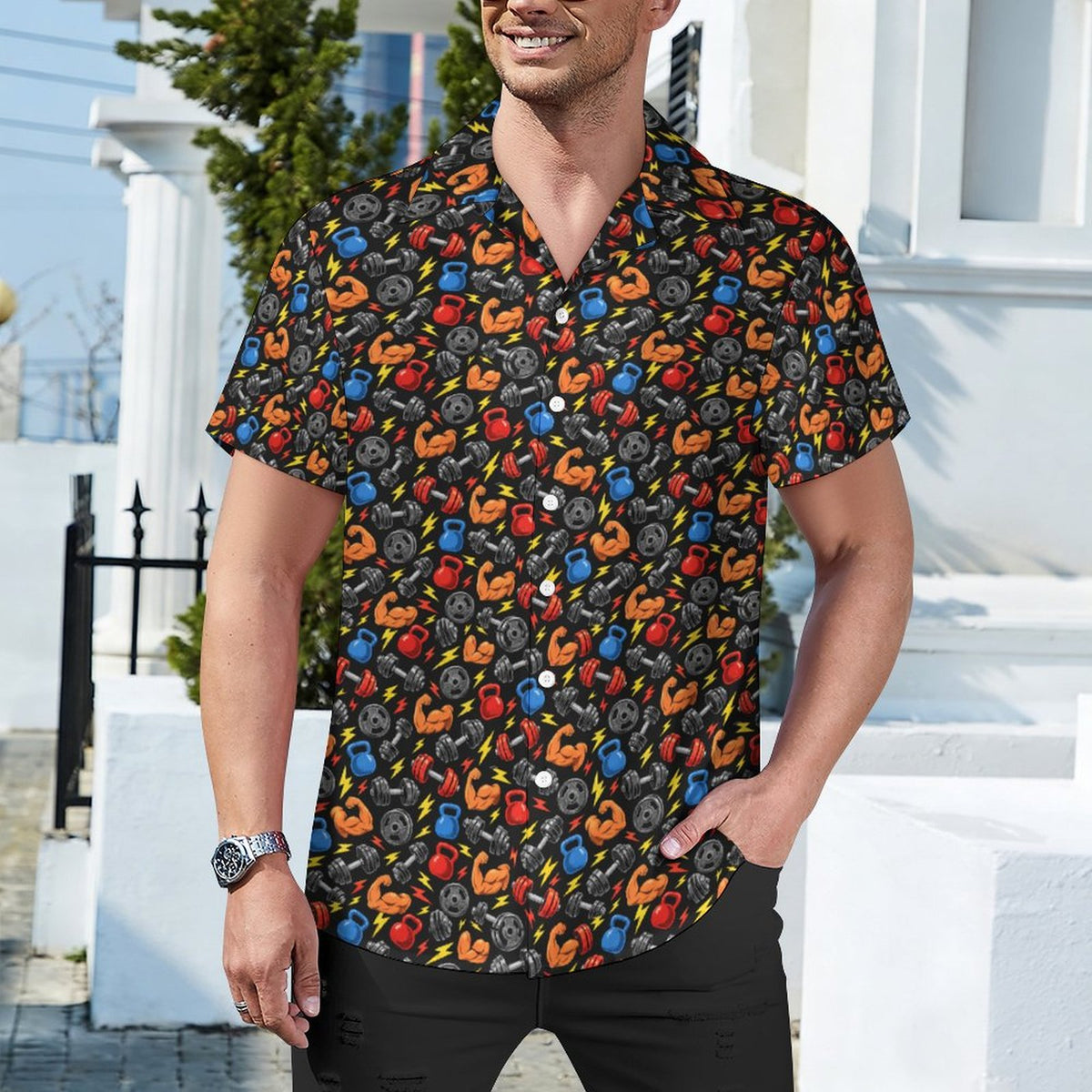 Gym Bros  Cotton Cuban Collar Shirt For Men(All-Over Printing)