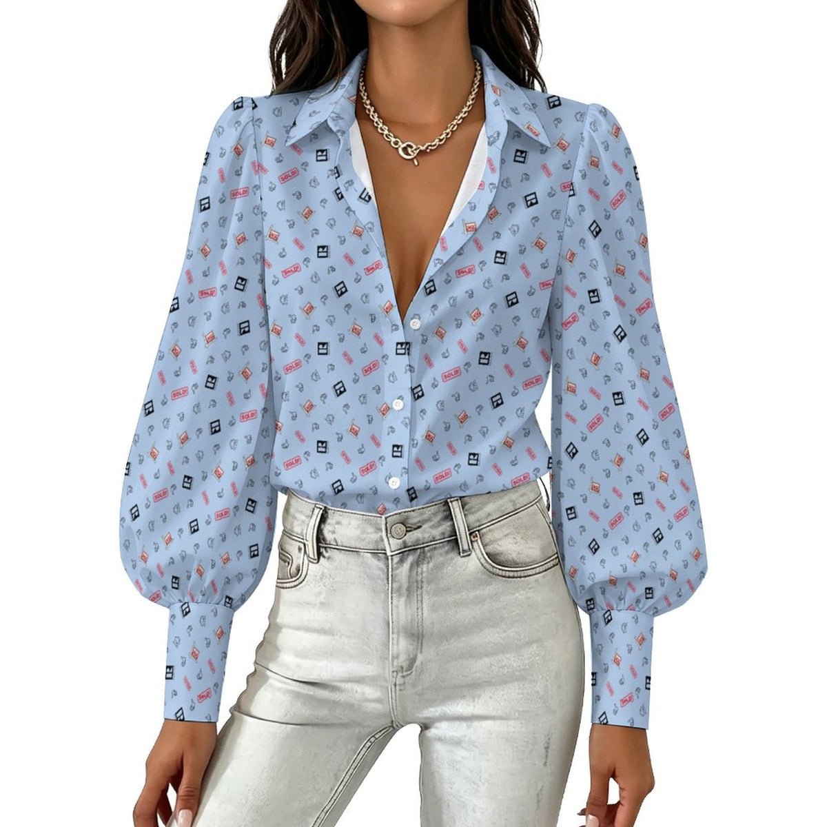 Women's REALTOR Satin Lantern Sleeve Realtor  Long Sleeve Blouse(All-Over Printing)