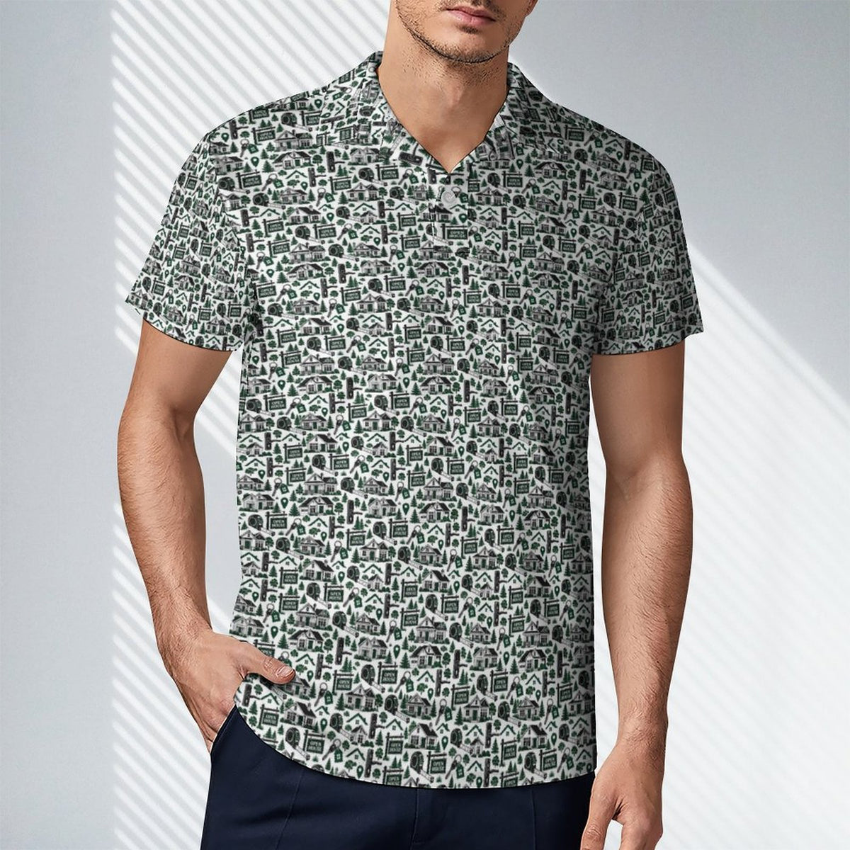 Men's Realtor Polo UPF50+ 180gsm Cooling Polyester Men's POLO T-shirt(All-Over Printing) Stand out at showings, open houses and closings in this iconic golf polo featuring a bold real estate pattern.