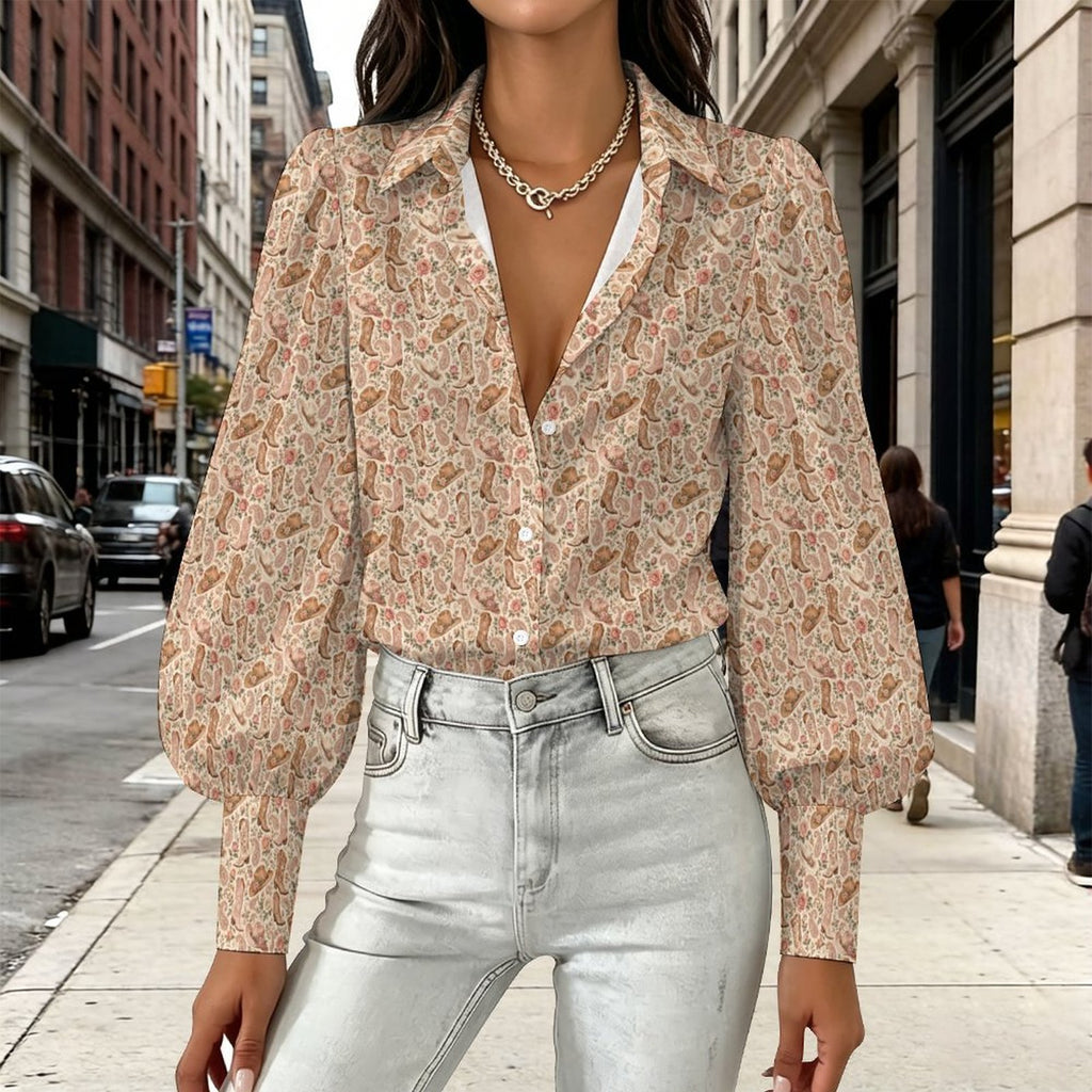 Women's Elegant Western Blouse  Satin Lantern Sleeve Long Sleeve Blouse(All-Over Printing)