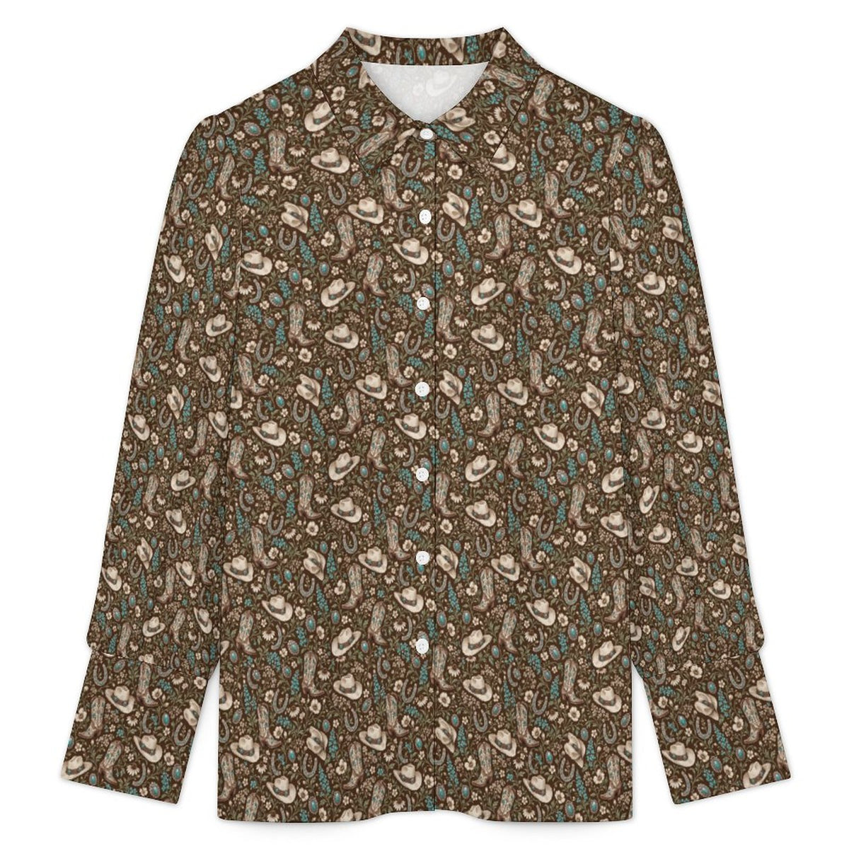 Women's Elegant Western Blouse Satin Lantern Sleeve Long Sleeve Blouse(All-Over Printing)