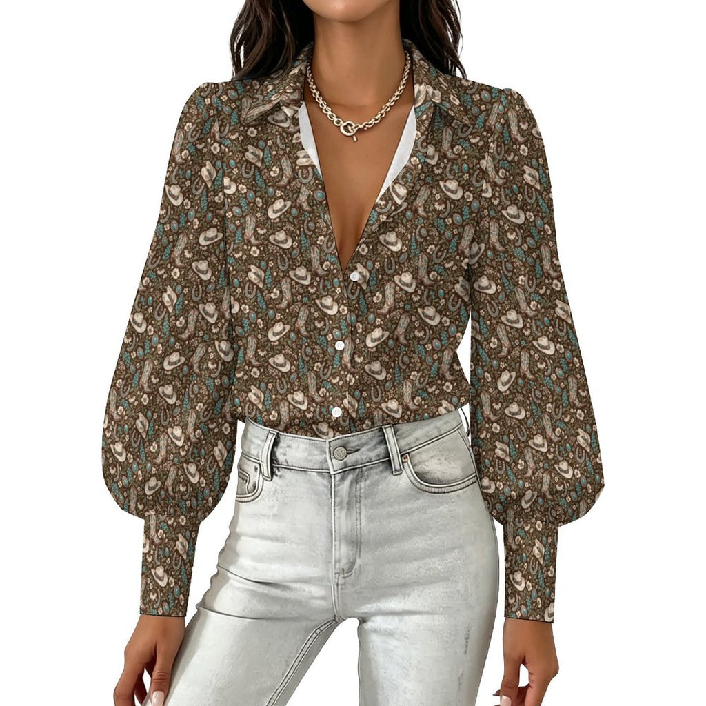 Women's Elegant Western Blouse Satin Lantern Sleeve Long Sleeve Blouse(All-Over Printing)
