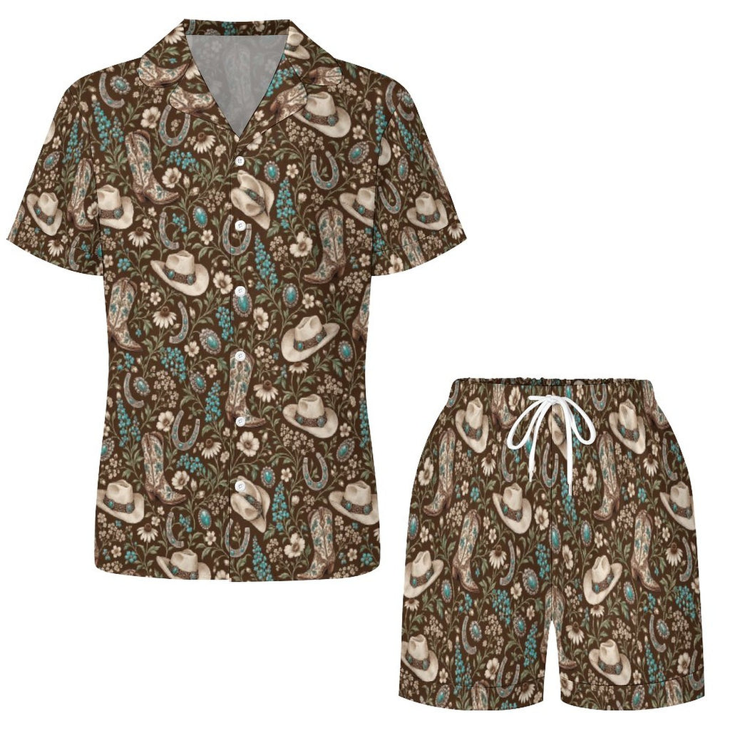 Women's Western Satin Cuban Collar Pajama Set(All-Over Printing)