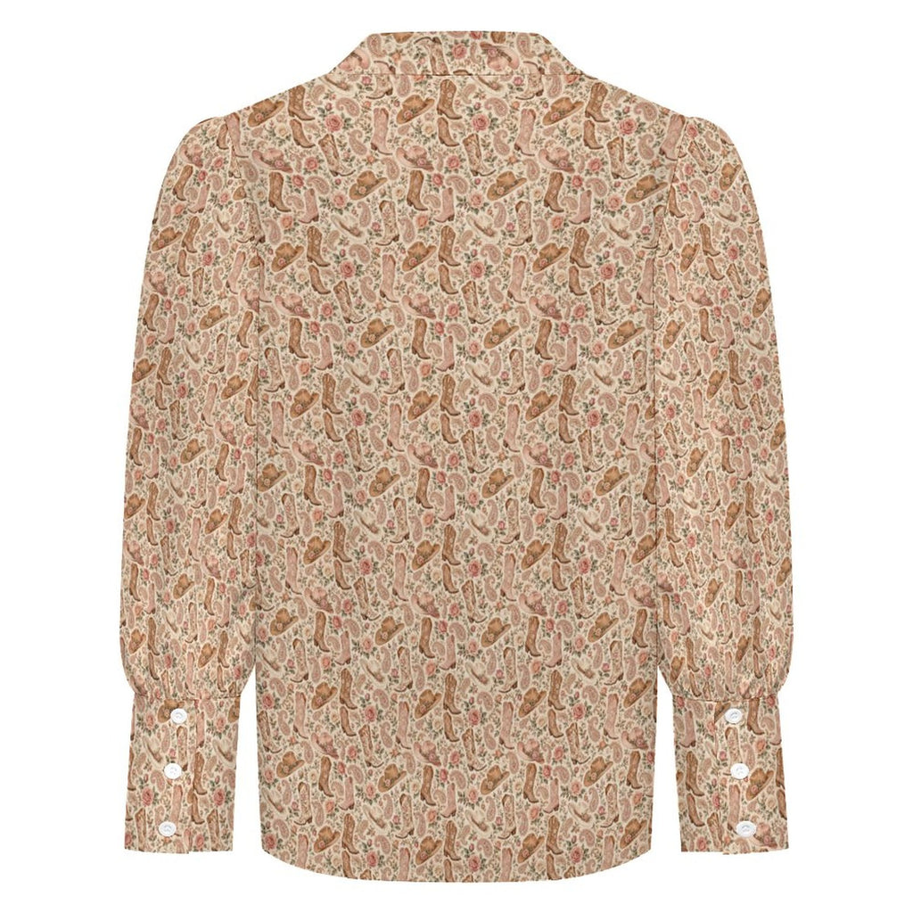 Women's Elegant Western Blouse  Satin Lantern Sleeve Long Sleeve Blouse(All-Over Printing)