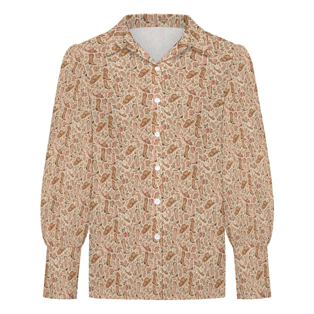 Women's Elegant Western Blouse  Satin Lantern Sleeve Long Sleeve Blouse(All-Over Printing)