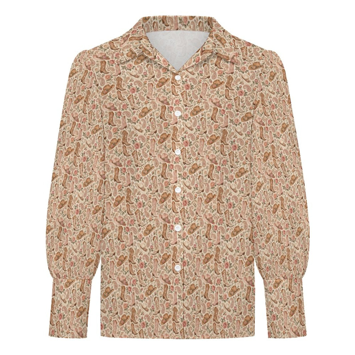 Women's Elegant Western Blouse  Satin Lantern Sleeve Long Sleeve Blouse(All-Over Printing)