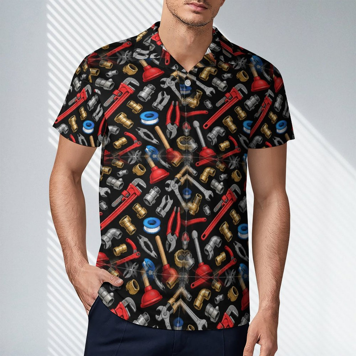 Men's General Contractor Plumbing Polo UPF50+ 180gsm Cooling Polyester Shop plumber polos and shirts with bold plumbing-inspired patterns featuring tools, pipes, wrenches, and trade designs