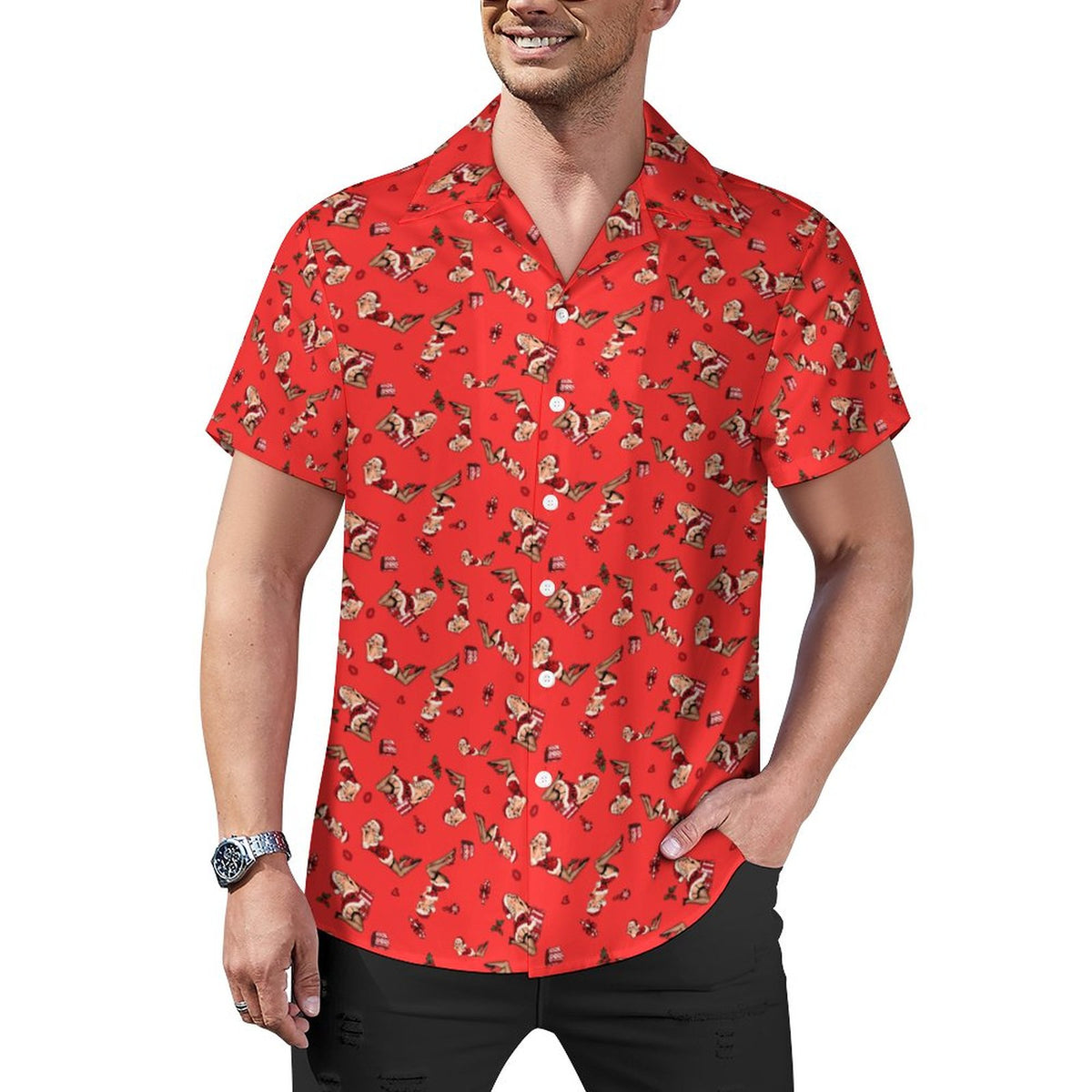 Mrs. Claus Pin Up Christmas Short Sleeve Cuban Collar Shirt(All-Over Printing)