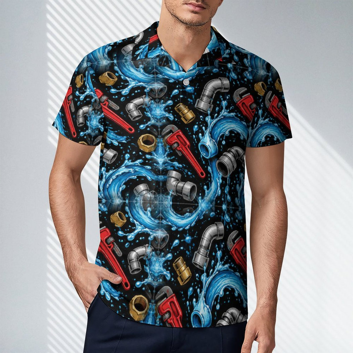 Plumber Polo UPF50+ 180gsm Cooling Polyester Men's POLO T-shirt(All-Over Printing) Shop plumber polos and shirts with bold plumbing-inspired patterns featuring tools, pipes, wrenches, and trade design