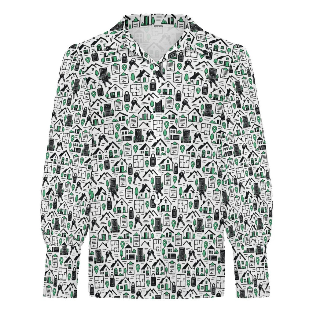 Women's Realtor  Satin Lantern Sleeve Long Sleeve Blouse( Stand out at showings, open houses and closings in this iconic golf polo featuring a bold real estate pattern.