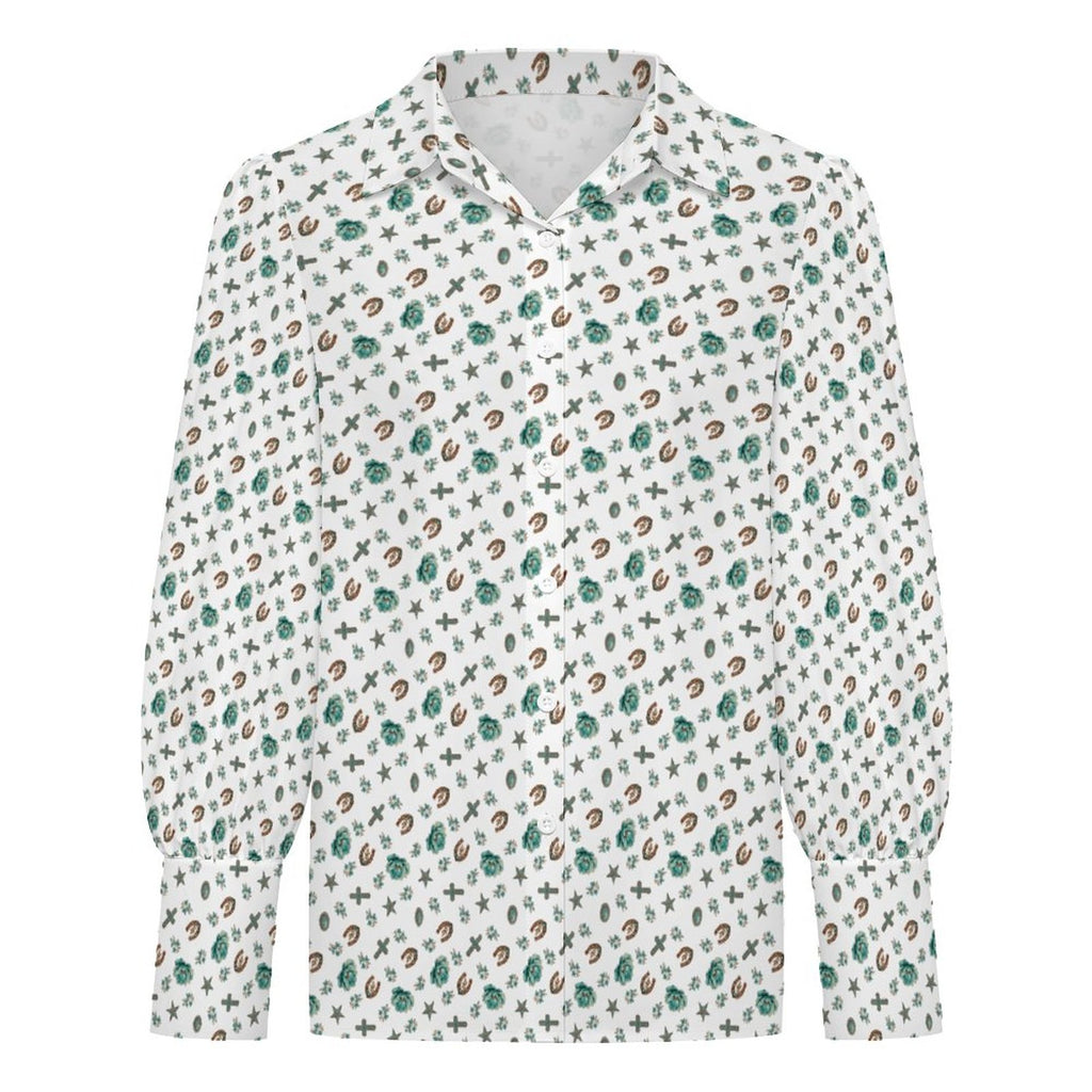 Women's Western Motif Satin Lantern Sleeve Long Sleeve Blouse(All-Over Printing)