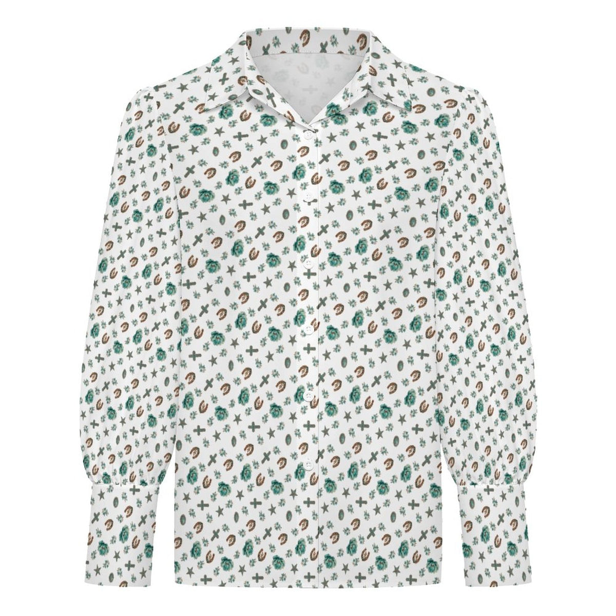 Women's Western Motif Satin Lantern Sleeve Long Sleeve Blouse(All-Over Printing)