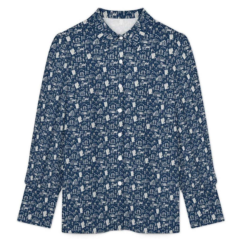 Women's  Realtor Blouse Satin Lantern Sleeve Long Sleeve Blouse(All-Over Printing) Stand out at showings, open houses and closings in this iconic golf polo featuring a bold real estate pattern.