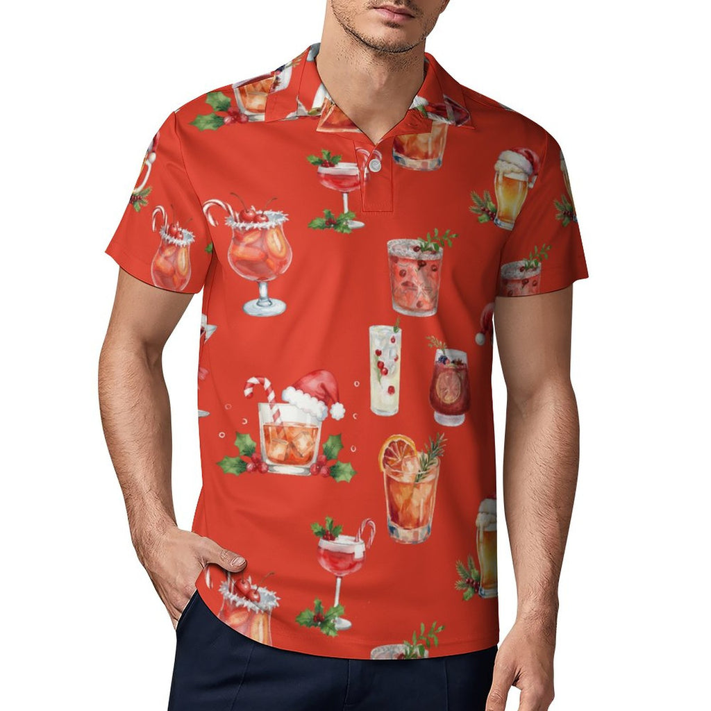 Men's Christmas Cocktails Cotton POLO Shirts Short Sleeve for Men( Red)
