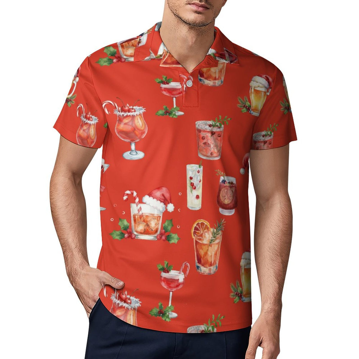 Men's Christmas Cocktails Cotton POLO Shirts Short Sleeve for Men( Red)