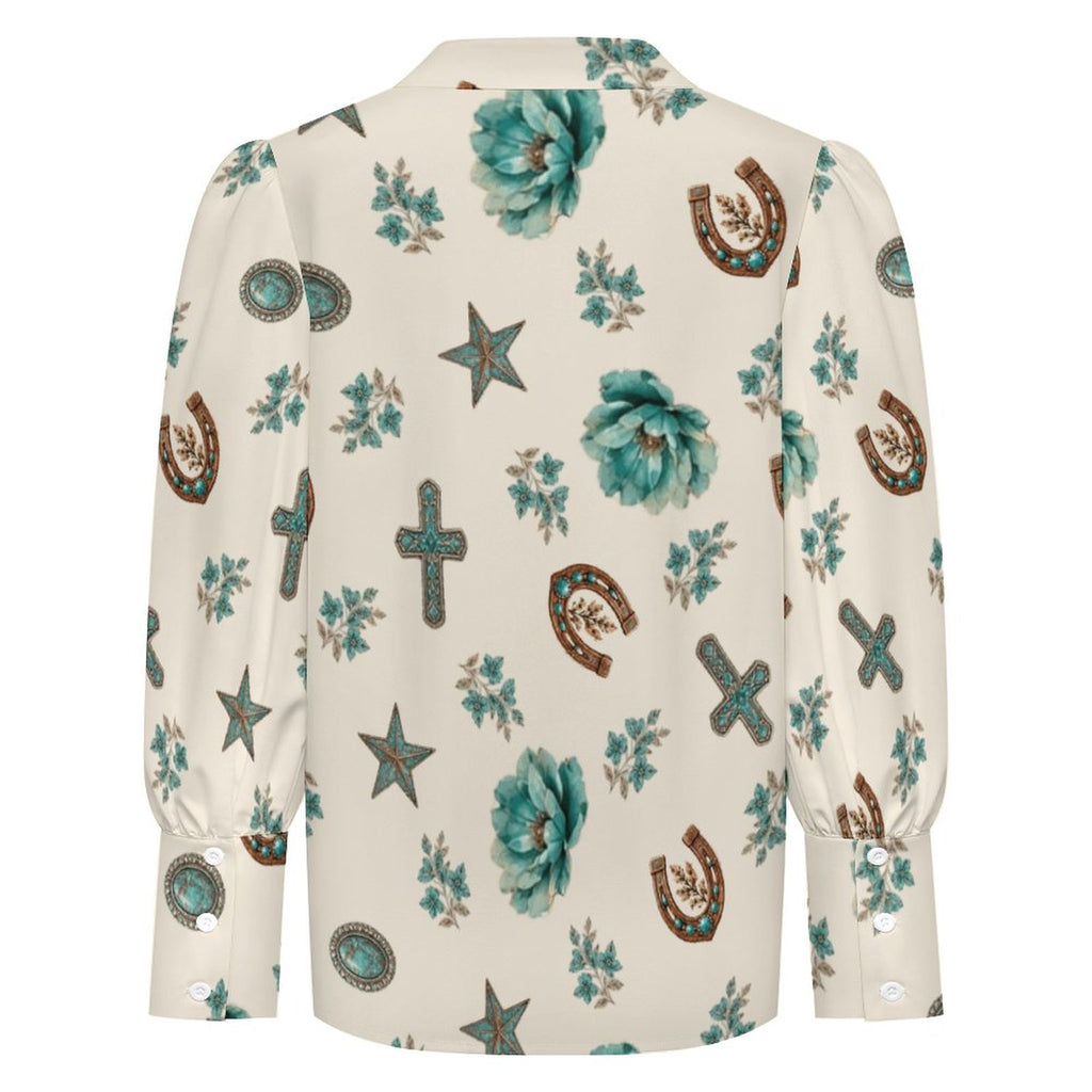 Women's Satin Lantern Sleeve Long Sleeve Blouse(All-Over Printing)