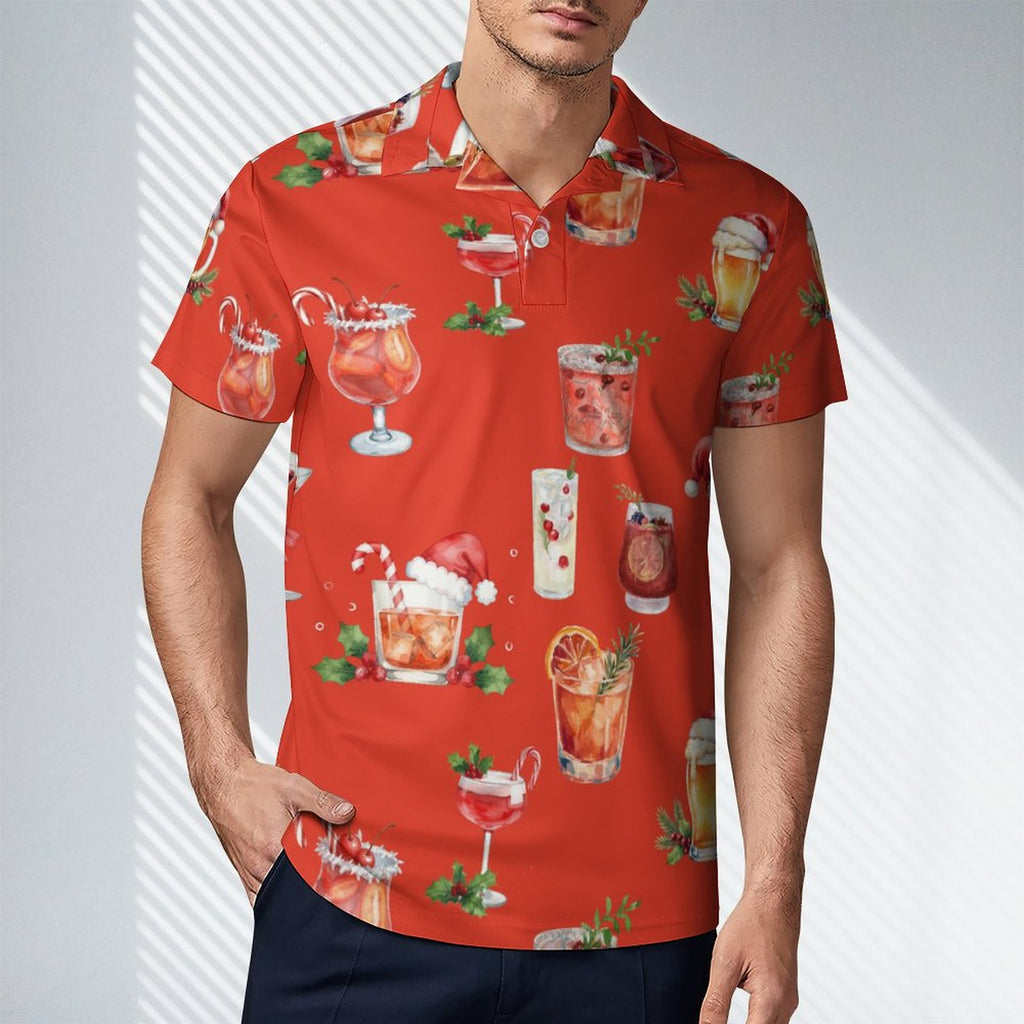 Men's Christmas Cocktails Cotton POLO Shirts Short Sleeve for Men( Red)
