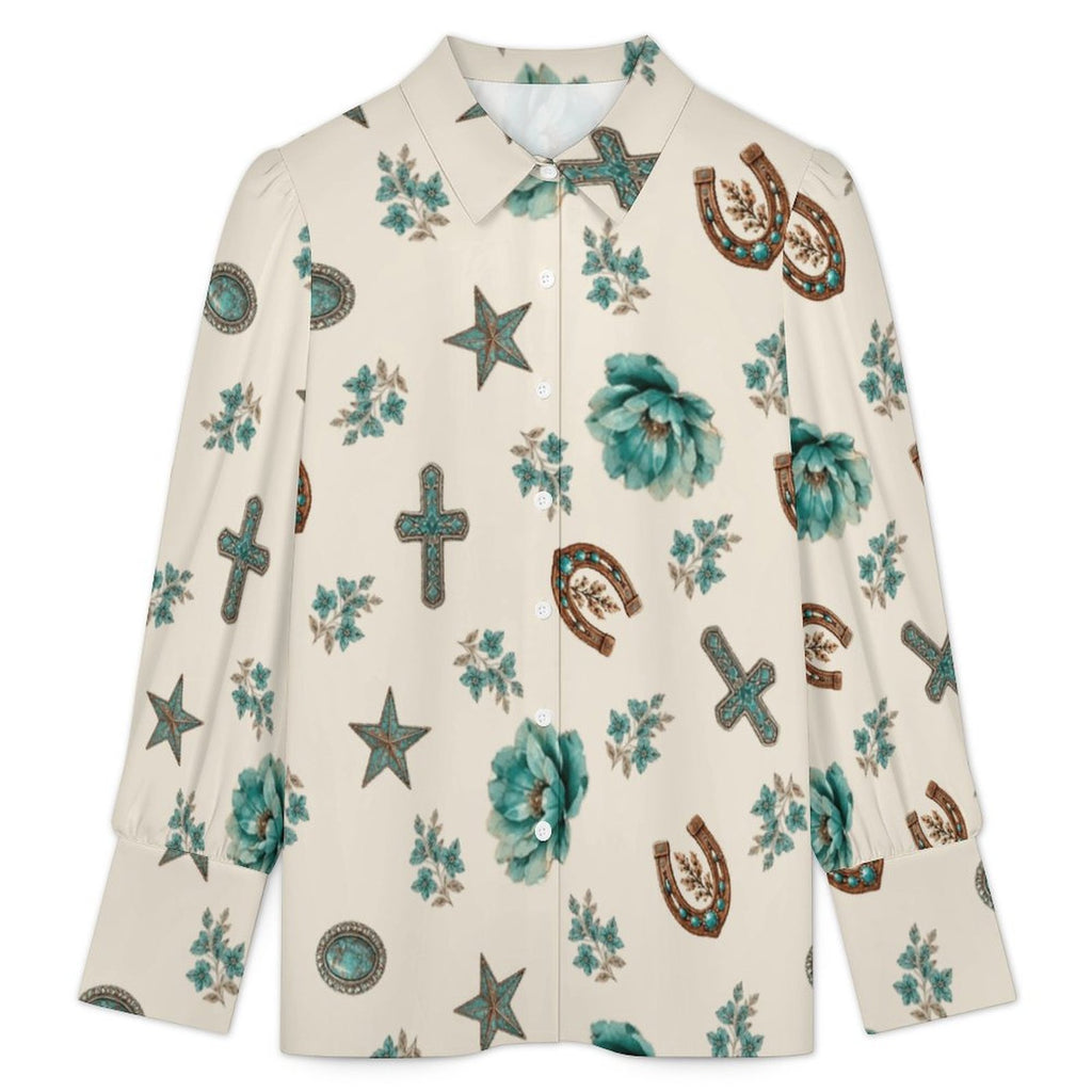 Women's Satin Lantern Sleeve Long Sleeve Blouse(All-Over Printing)