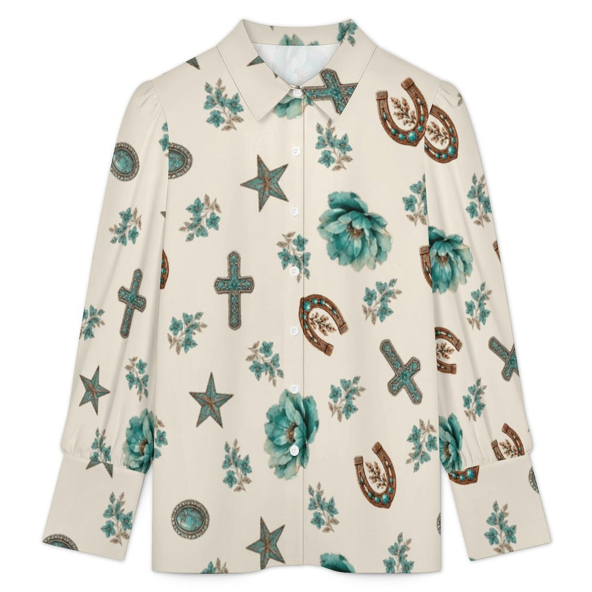 Women's Satin Lantern Sleeve Long Sleeve Blouse(All-Over Printing)
