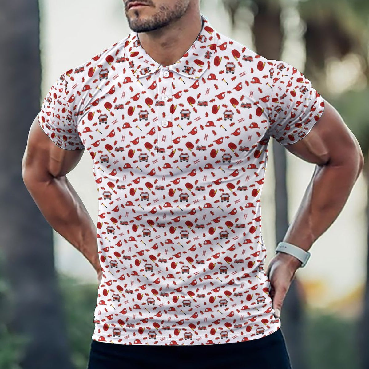 Men's Fireman POLO Shirt  Red White(All-Over Printing)