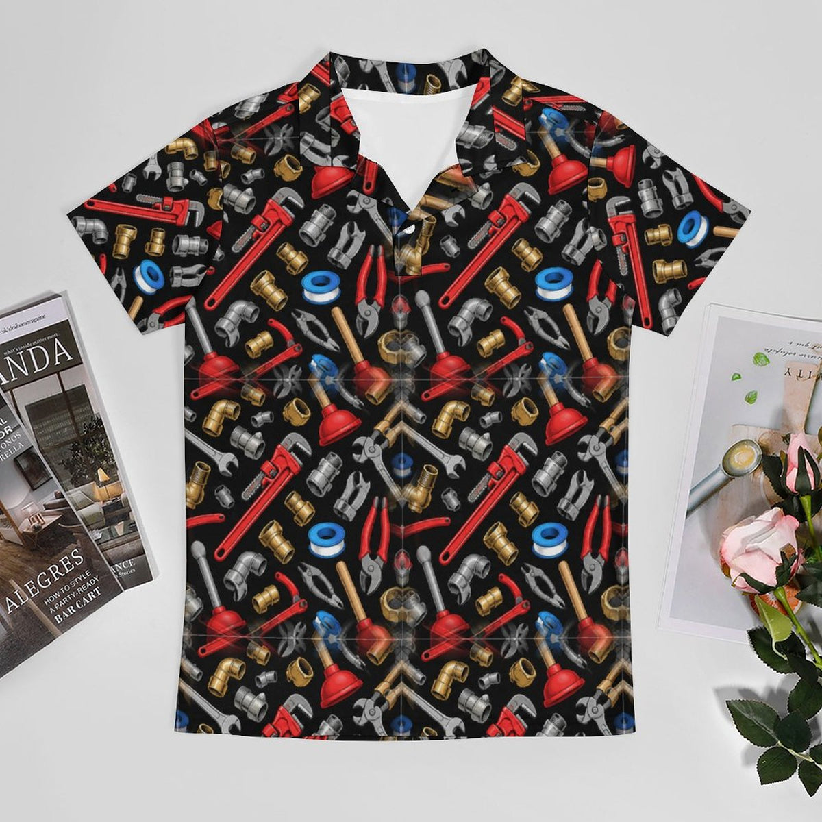 Men's General Contractor Plumbing Polo UPF50+ 180gsm Cooling Polyester Shop plumber polos and shirts with bold plumbing-inspired patterns featuring tools, pipes, wrenches, and trade designs