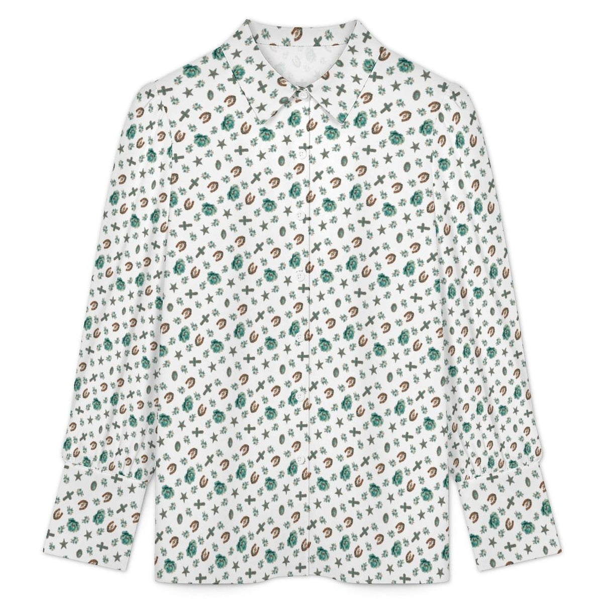 Women's Western Motif Satin Lantern Sleeve Long Sleeve Blouse(All-Over Printing)