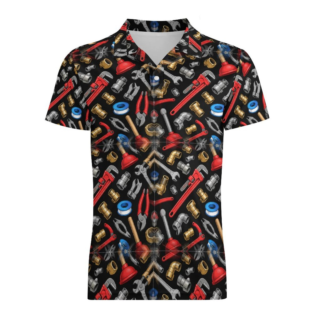 Men's General Contractor Plumbing Polo UPF50+ 180gsm Cooling Polyester Shop plumber polos and shirts with bold plumbing-inspired patterns featuring tools, pipes, wrenches, and trade designs