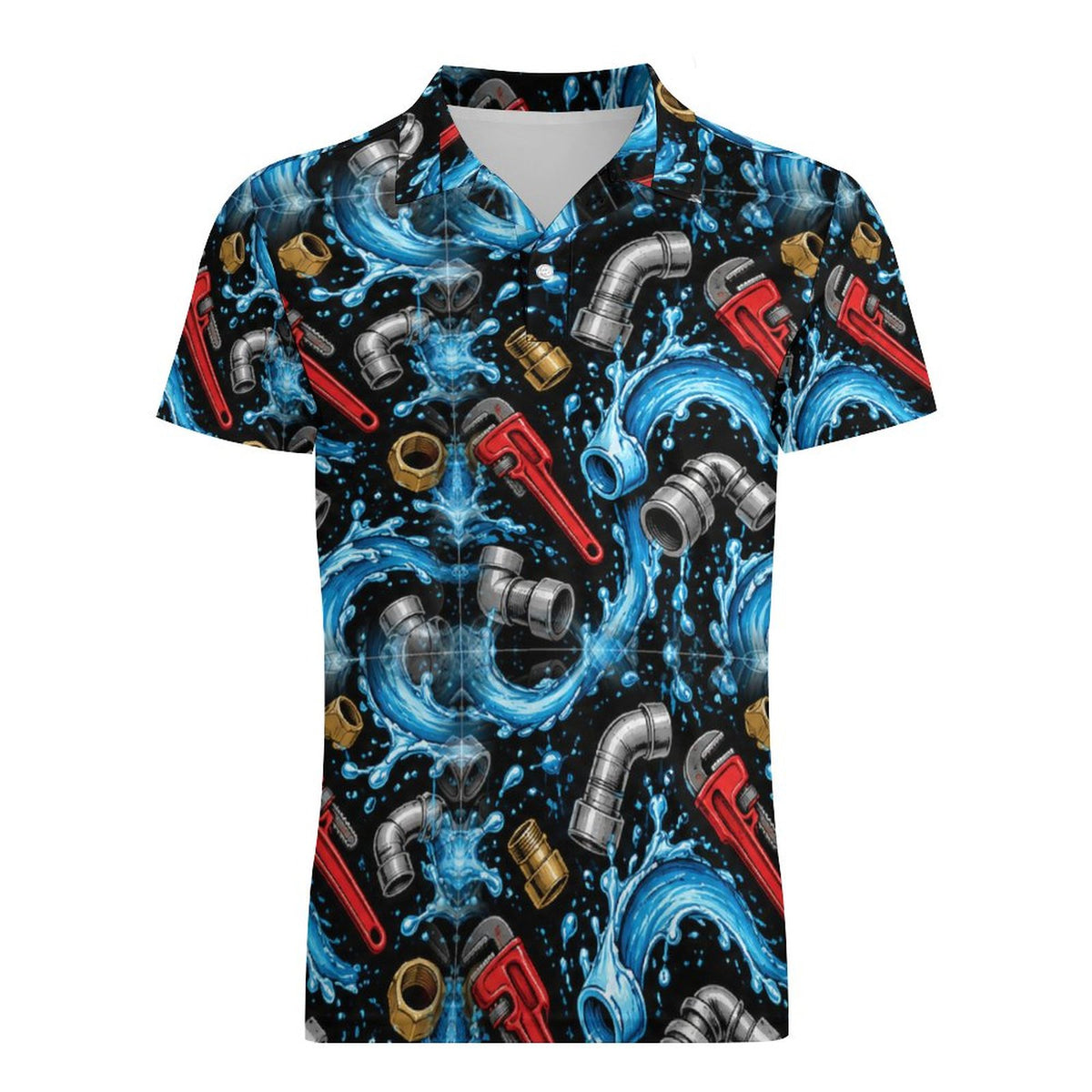Plumber Polo UPF50+ 180gsm Cooling Polyester Men's POLO T-shirt(All-Over Printing) Shop plumber polos and shirts with bold plumbing-inspired patterns featuring tools, pipes, wrenches, and trade design