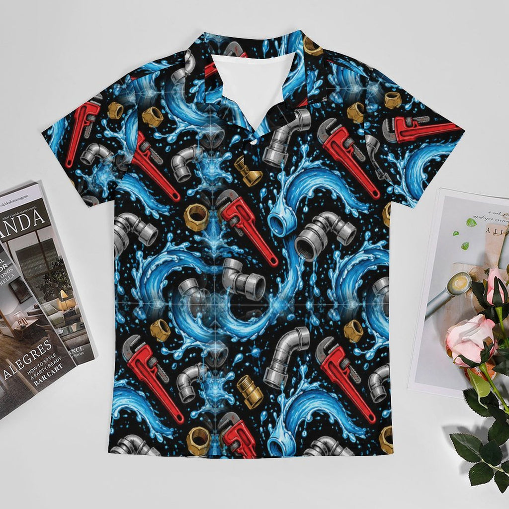 Plumber Polo UPF50+ 180gsm Cooling Polyester Men's POLO T-shirt(All-Over Printing) Shop plumber polos and shirts with bold plumbing-inspired patterns featuring tools, pipes, wrenches, and trade design
