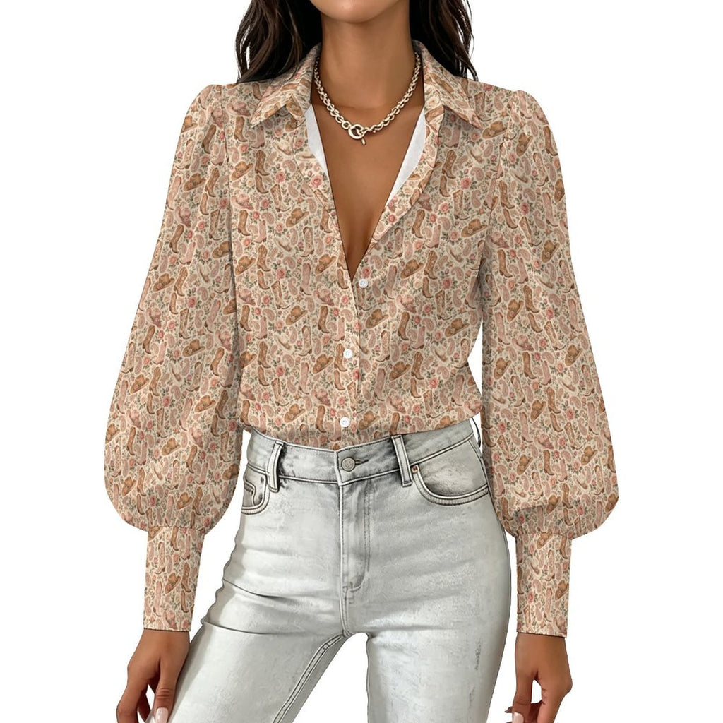 Women's Elegant Western Blouse  Satin Lantern Sleeve Long Sleeve Blouse(All-Over Printing)