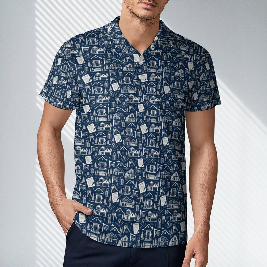 Mens Realtor Polo UPF50+ 180gsm Cooling Polyester Men's POLO T-shirt(All-Over Printing) Stand out at showings, open houses and closings in this iconic golf polo featuring a bold real estate pattern.