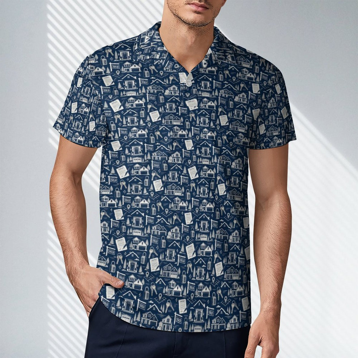 Mens Realtor Polo UPF50+ 180gsm Cooling Polyester Men's POLO T-shirt(All-Over Printing) Stand out at showings, open houses and closings in this iconic golf polo featuring a bold real estate pattern.