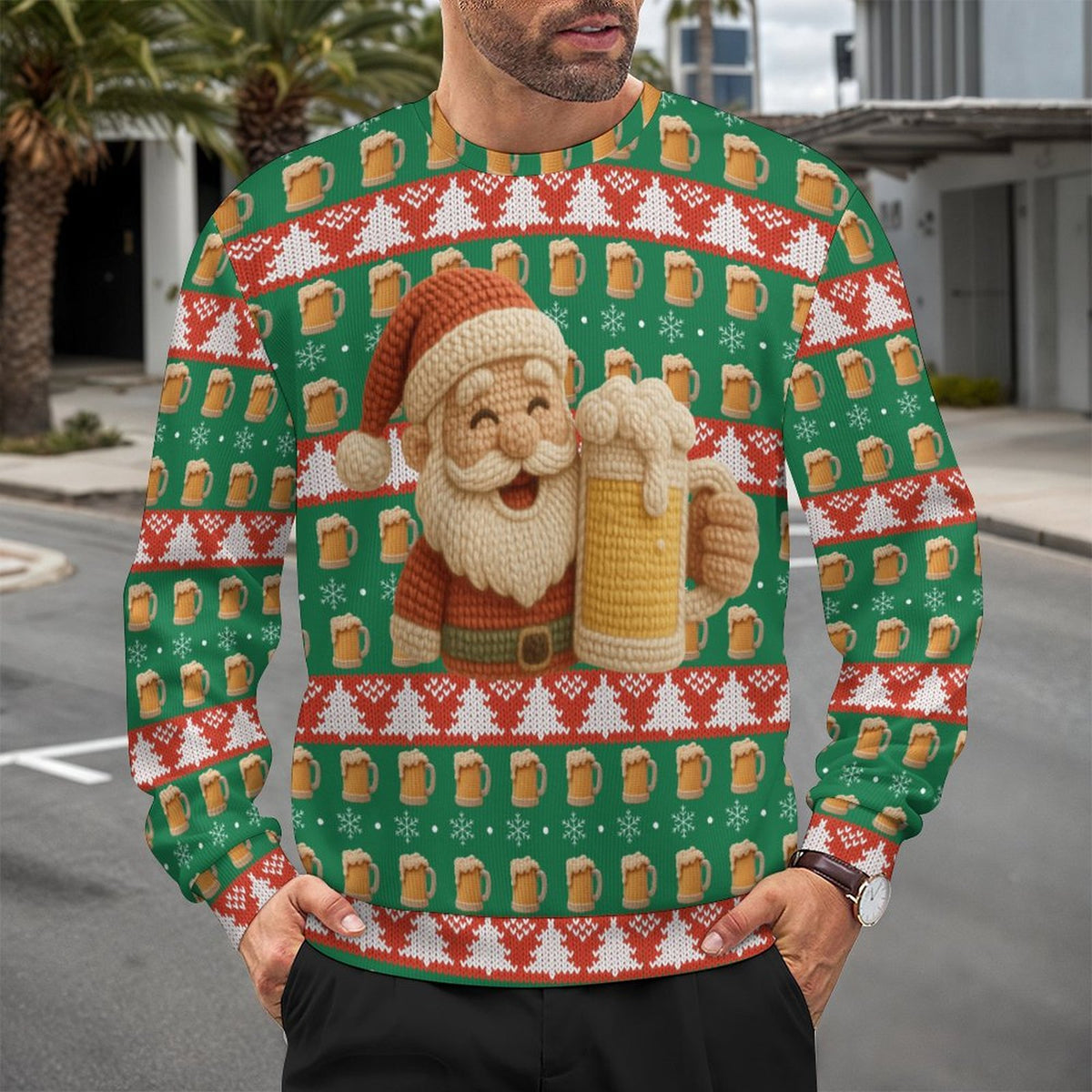 Ugly Christmas sweater Santa beer Oversized Pullover Sweater(All-Over Printing)