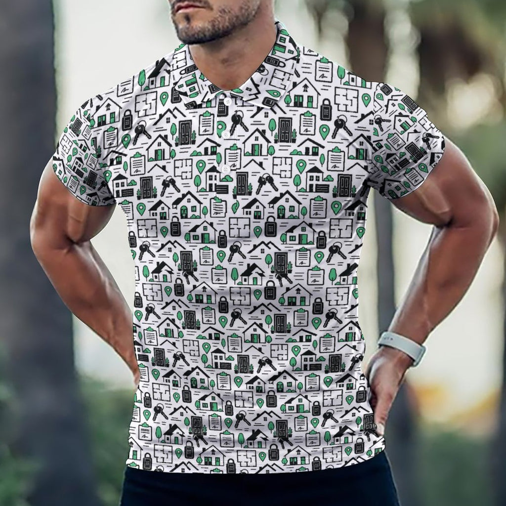 Men's Realtor POLO Shirt(All-Over Printing) Stand out at showings, open houses and closings in this iconic golf polo featuring a bold real estate pattern.