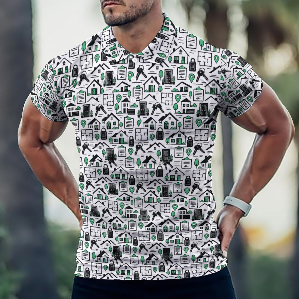 Men's Realtor POLO Shirt(All-Over Printing) Stand out at showings, open houses and closings in this iconic golf polo featuring a bold real estate pattern.