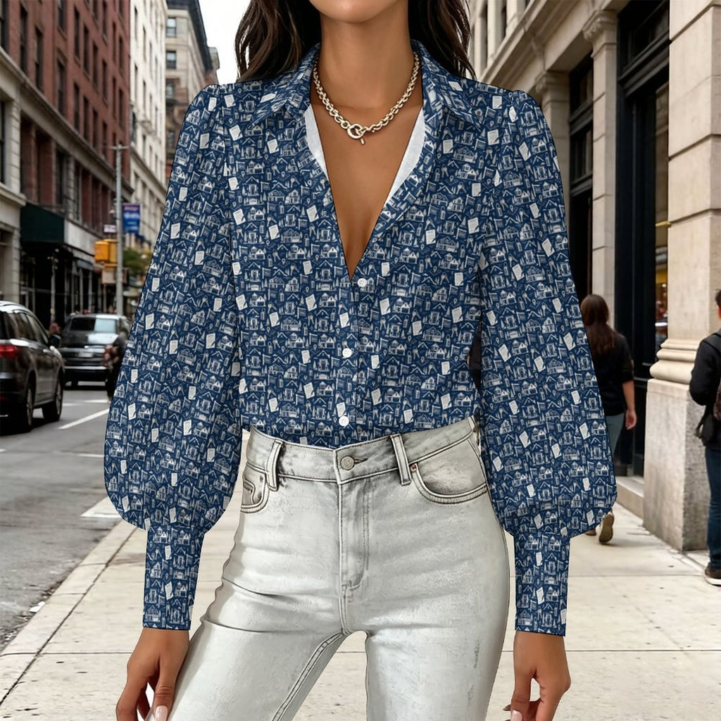 Women's  Realtor Blouse Satin Lantern Sleeve Long Sleeve Blouse(All-Over Printing) Stand out at showings, open houses and closings in this iconic golf polo featuring a bold real estate pattern.