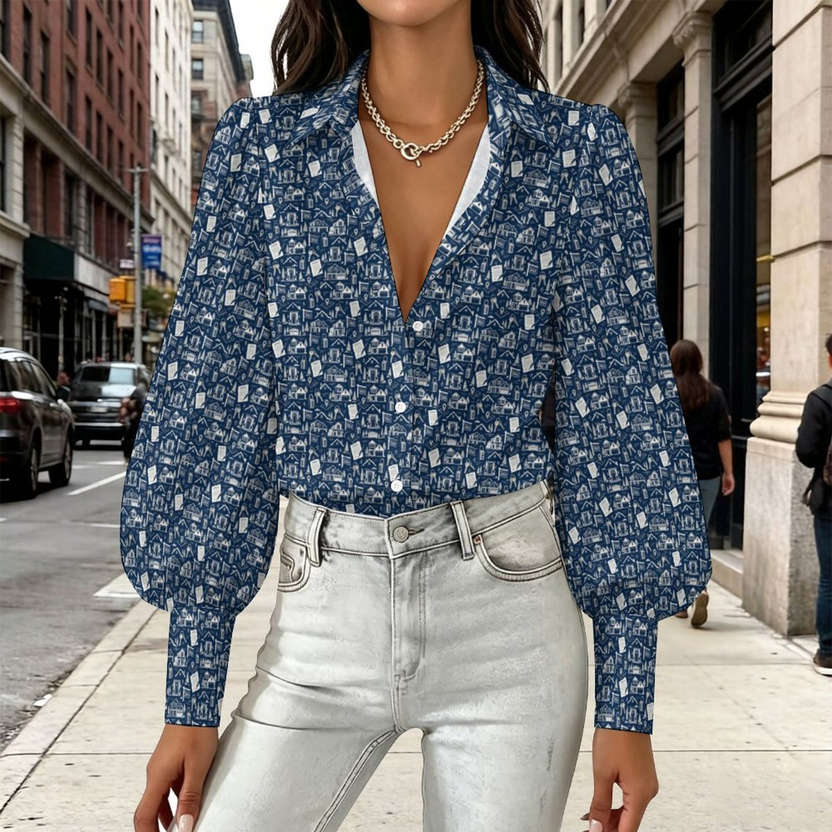 Women's  Realtor Blouse Satin Lantern Sleeve Long Sleeve Blouse(All-Over Printing) Stand out at showings, open houses and closings in this iconic golf polo featuring a bold real estate pattern.