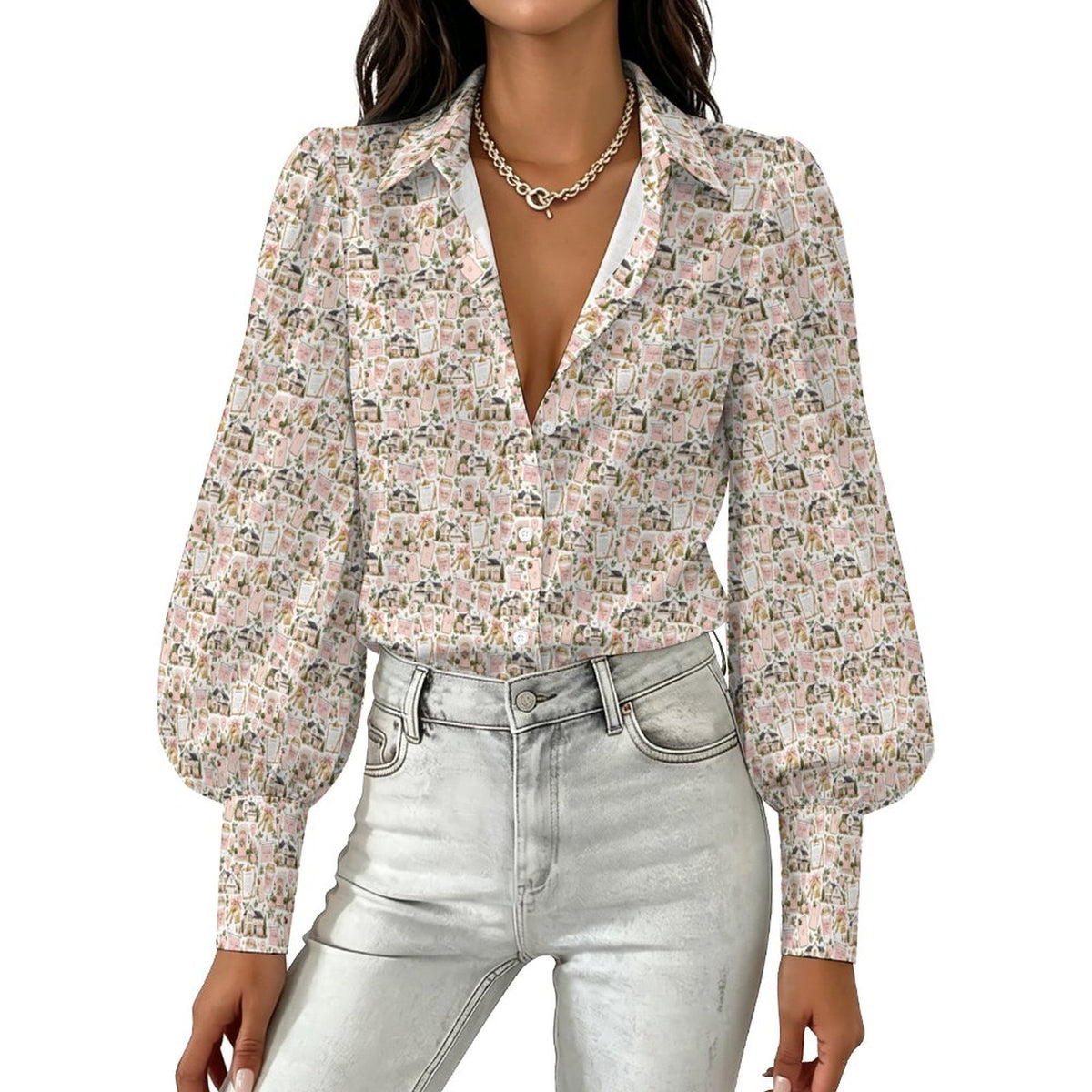 Women's Realtor  Satin Lantern Sleeve Long Sleeve Blouse Stand out at showings, open houses and closings in this iconic golf polo featuring a bold real estate pattern.