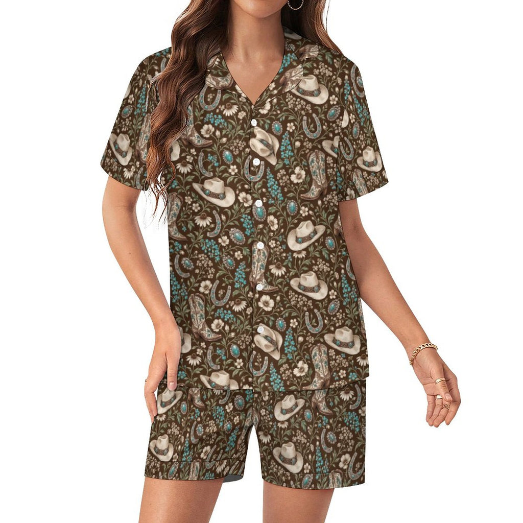 Women's Western Satin Cuban Collar Pajama Set(All-Over Printing)