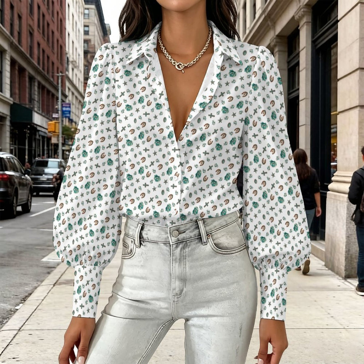 Women's Western Motif Satin Lantern Sleeve Long Sleeve Blouse(All-Over Printing)
