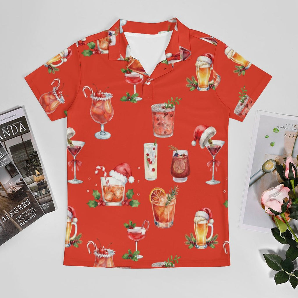 Men's Christmas Cocktails Cotton POLO Shirts Short Sleeve for Men( Red)