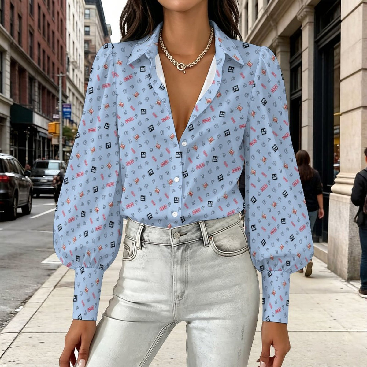 Women's REALTOR Satin Lantern Sleeve Realtor  Long Sleeve Blouse(All-Over Printing)