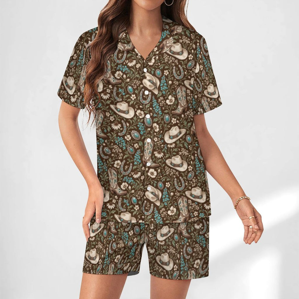 Women's Western Satin Cuban Collar Pajama Set(All-Over Printing)