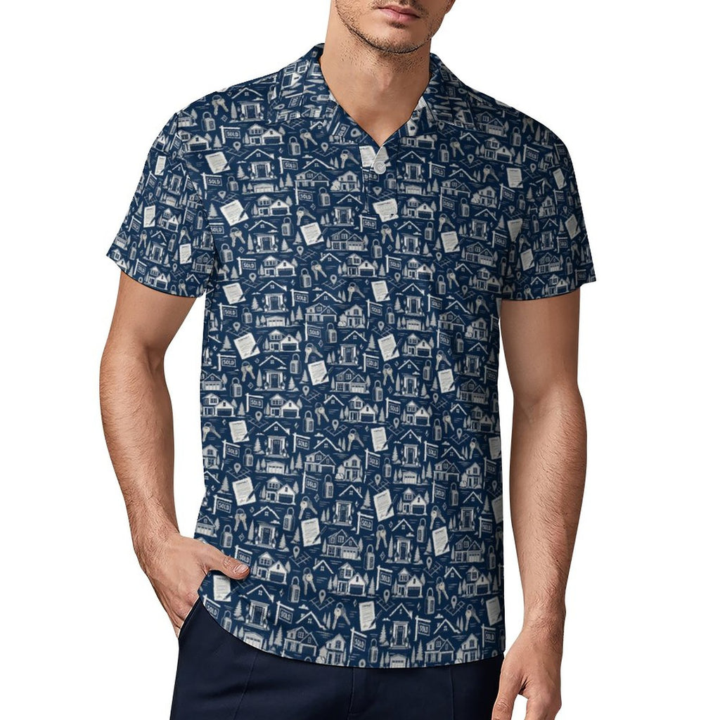 Mens Realtor Polo UPF50+ 180gsm Cooling Polyester Men's POLO T-shirt(All-Over Printing) Stand out at showings, open houses and closings in this iconic golf polo featuring a bold real estate pattern.